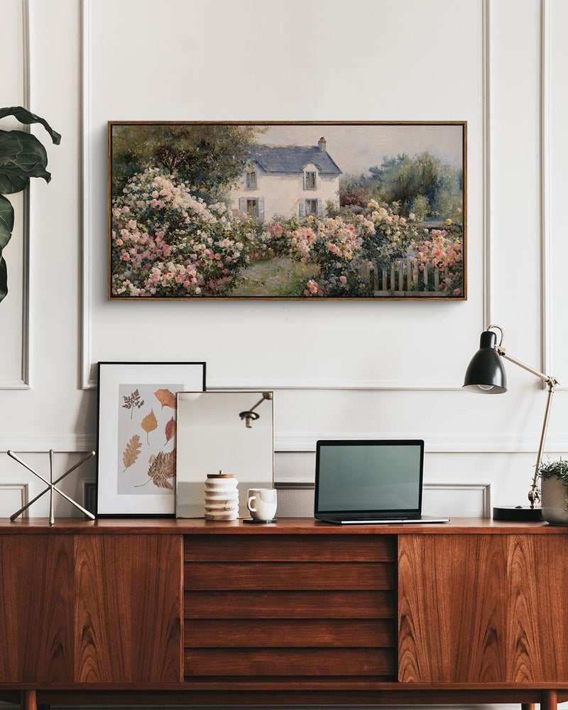 EMODA Cottage Rose Garden Wall Art – Retro Floral Landscape Painting, Framed 60x120 cm, Perfect Home Décor - Image 3